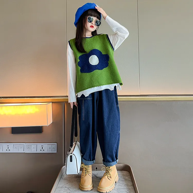 女童套装春秋2024新款洋气时髦女大童毛衣马甲秋季儿童潮款三件套