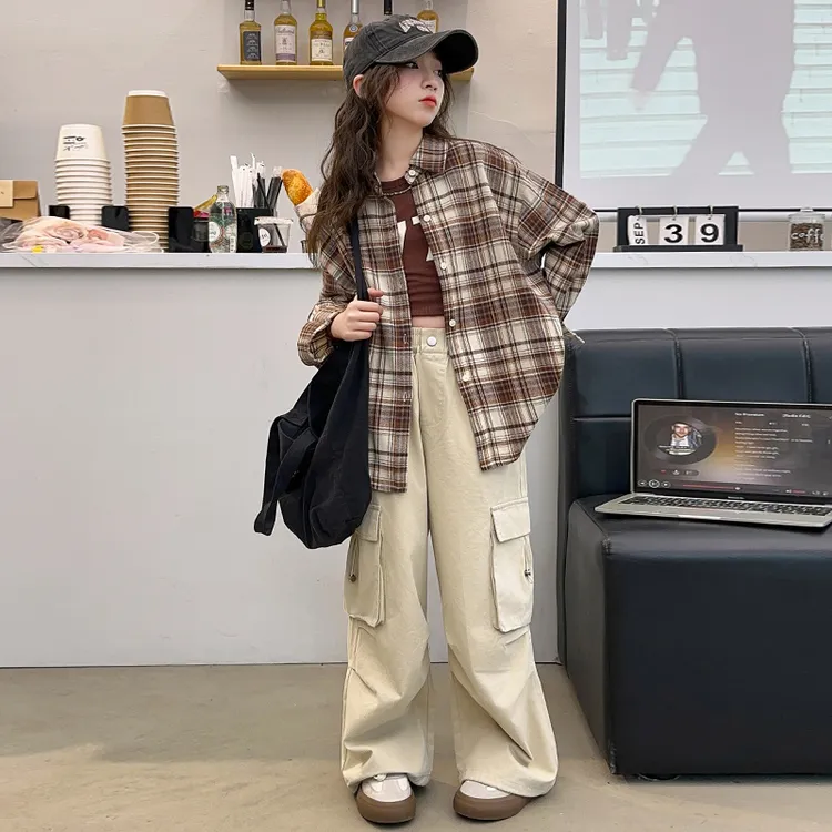 女童格子衬衫春秋2025新款洋气时髦大童韩版衬衣秋季儿童长袖上衣