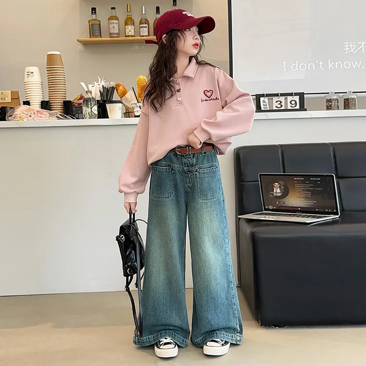 女童春秋套装2025新款洋气时髦大童卫衣秋季儿童牛仔阔腿裤6-12岁