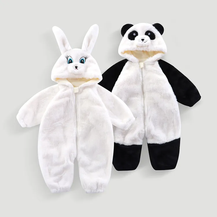 儿童熊猫毛绒连体衣加绒宝宝冬季加厚爬服新生儿可爱保暖婴儿睡衣