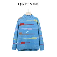 沁曼Q8029 秋冬100%彩红羊毛撞色软糯宽松圆领上衣女套头毛衣针织