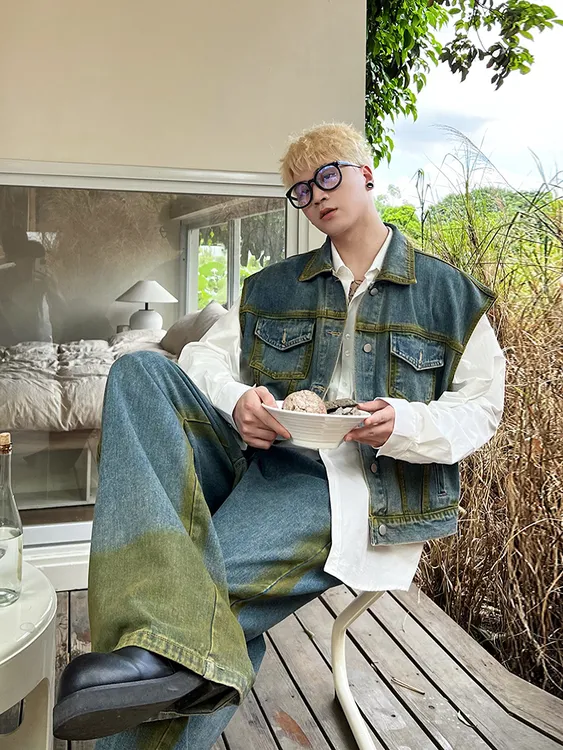 【爱穿帮】小众设计感水洗复古牛仔马甲套装男ins痞帅无袖外套潮