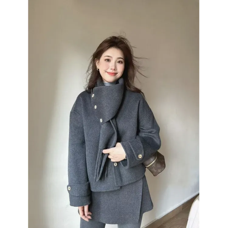 春季搭配一整套韩系穿搭灰色毛呢外套半身裙高级感小香风两件套装