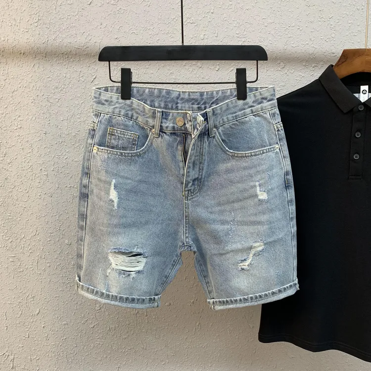 刮烂猫须大破洞乞丐四分裤潮牌2023年夏季新款休闲无弹牛仔短裤男