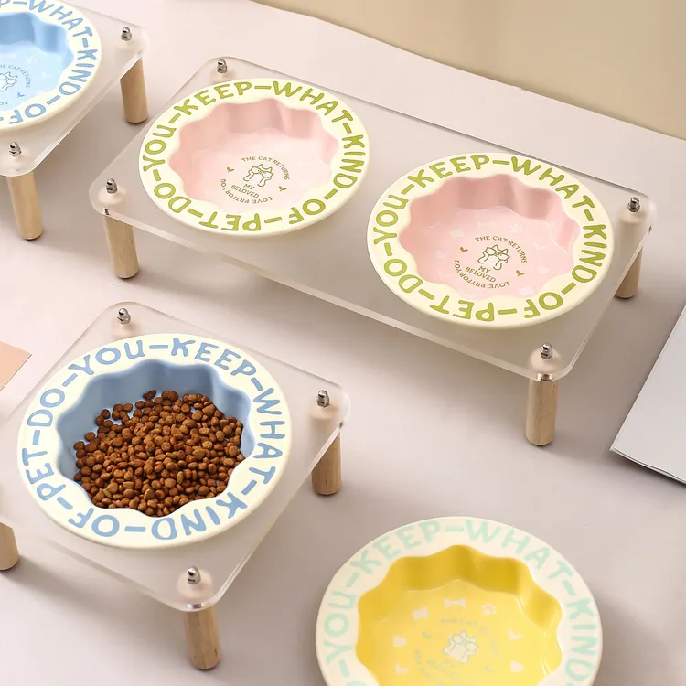 奶油风花边碗带四方亚克力碗架陶瓷宠物碗家用猫碗狗碗防打翻狗盆