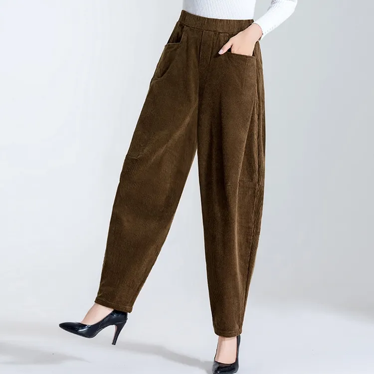 布琳达秋冬哈伦裤女宽松显瘦时尚灯芯绒高腰阔腿裤大码条绒萝卜裤