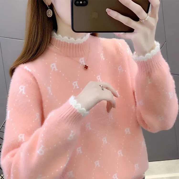 半高领仿水貂绒毛衣女洋气保暖打底衫针织潮2024秋冬新款套头内搭