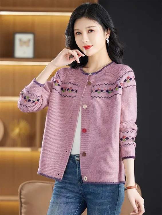 春秋新款妈妈花纱针织女开衫大码宽松减龄毛衣外套短款毛衫外搭潮