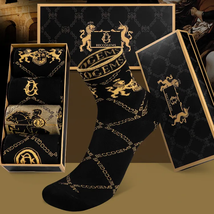 BG男士高档中筒袜透气运动舒适吸汗英伦风长袜复古白色袜子礼盒装商品图