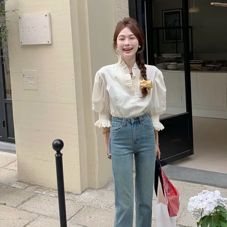 宫廷风小众衬衫衬衣气质泡泡袖法式设计感白色复古百搭时尚小众