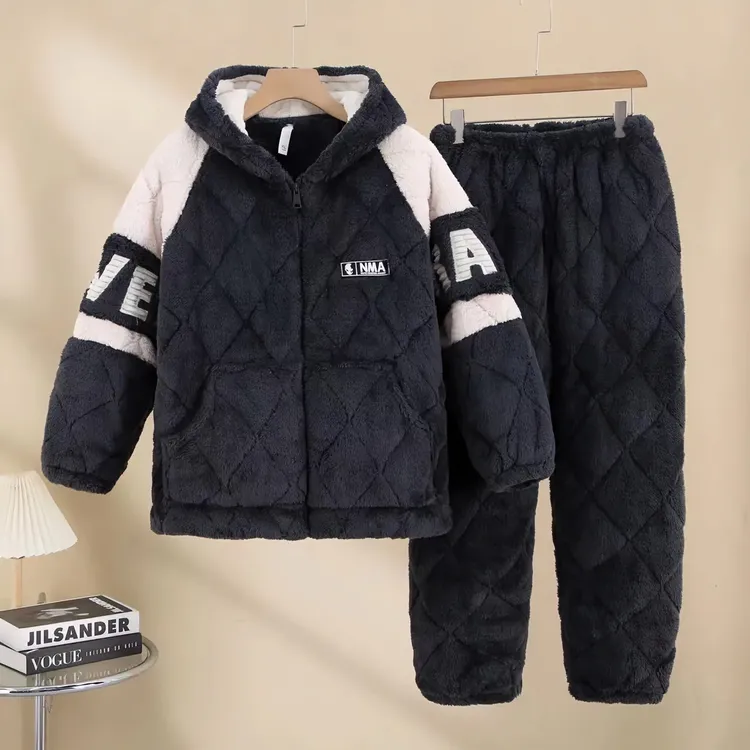 冬季超厚男士连帽睡衣三层夹棉加绒加厚法兰绒保暖家居服套装外穿