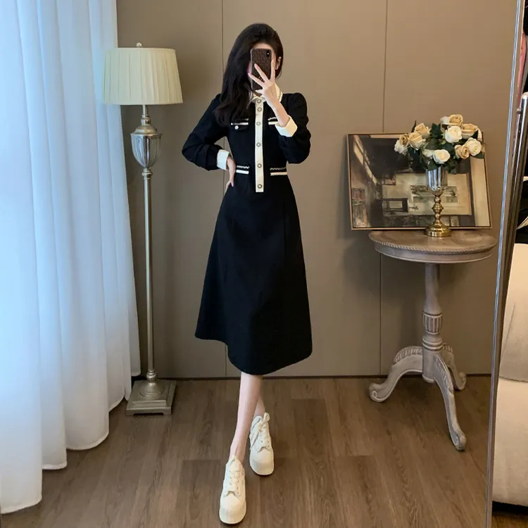 黑色小香风气质连衣裙女秋冬显瘦高级感大衣打底内搭加绒加厚裙子