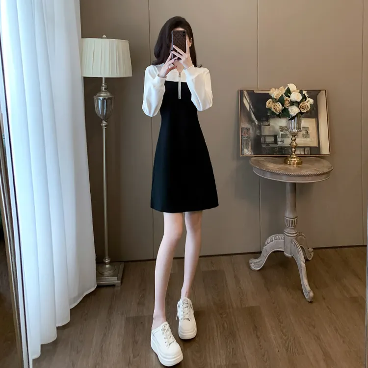 黑白拼色长袖连衣裙女秋季显瘦气质高级感小个子外出洋气裙子
