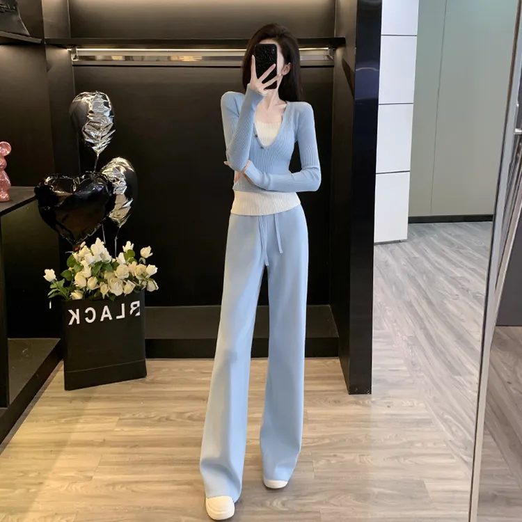 蓝色针织时尚套装女春秋显瘦气质减龄洋气假两件休闲阔腿裤两件套