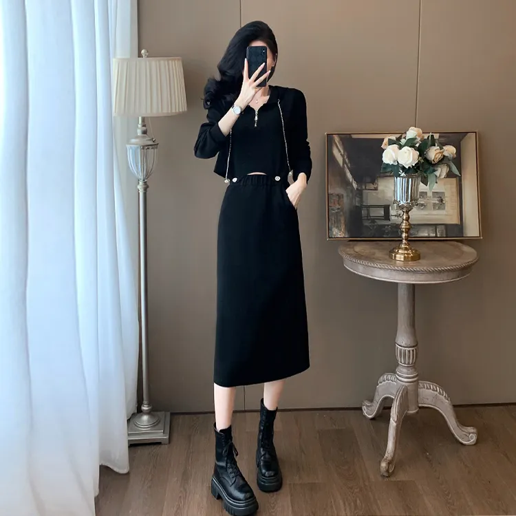 秋季女装黑色休闲时尚卫衣套装裙春秋显瘦洋气减龄半身裙子两件套