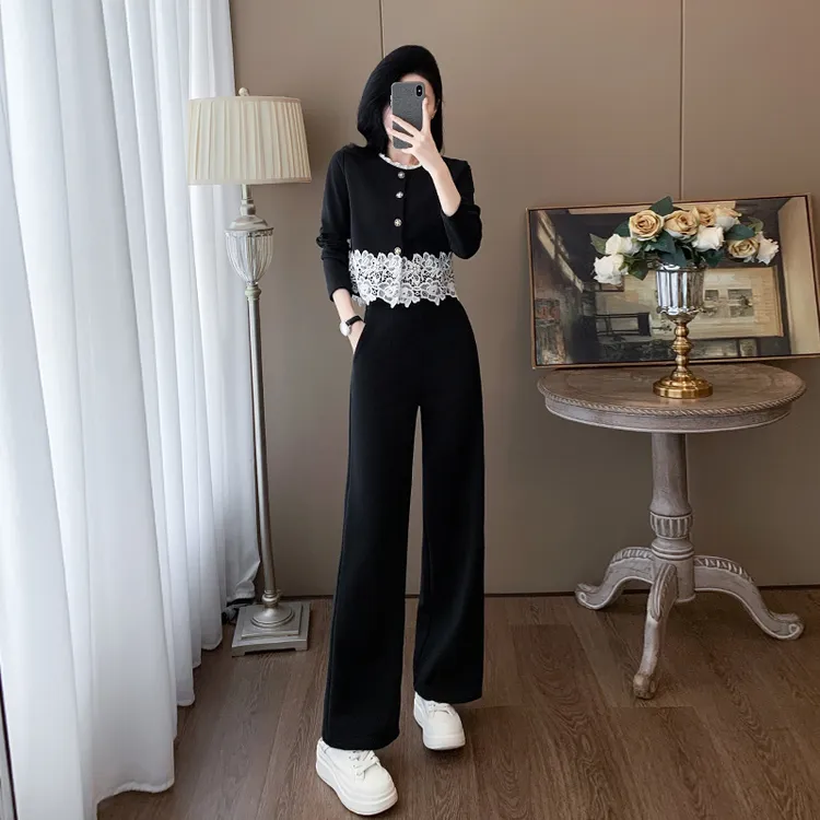 黑色休闲时尚套装女春秋显瘦气质高级感蕾丝拼接长袖阔腿裤两件套
