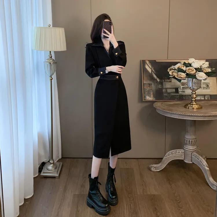 黑色赫本风长袖连衣裙女秋冬高级感收腰显瘦气质名媛长款裙子
