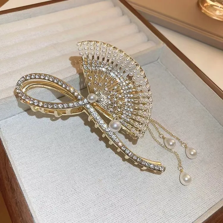 合金合成锆石发饰 超仙复古扇形流苏发抓夹后脑勺高级感满钻发夹