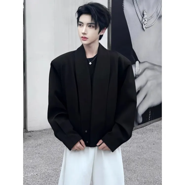 小众痞帅高级感西装男秋冬季短款垫肩道袍潮牌时尚夹克外套纯黑色
