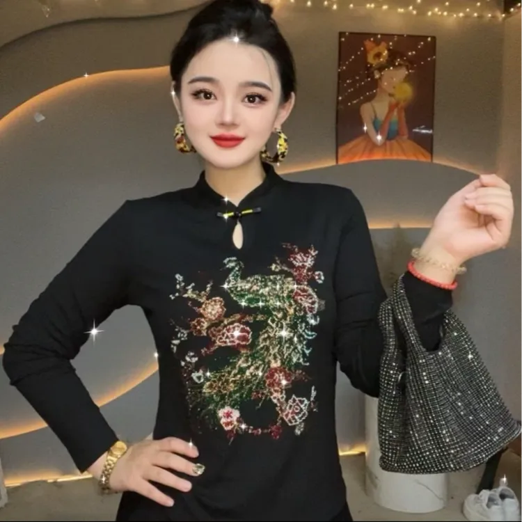 【秋季国风长袖】【新中式】凤舞九天女装打底衫时尚烫钻上衣百搭气质