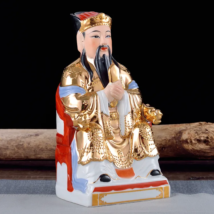 金身灶王爷像火神灶台灶君摆件陶瓷新中式人物纯手工描金