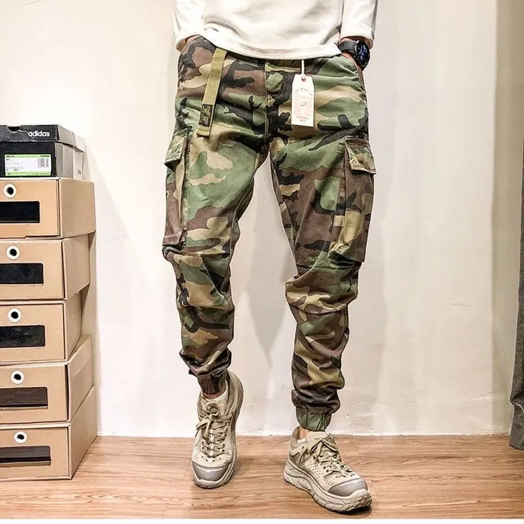阿美咔叽复古特种兵耐磨加绒迷彩工装裤男多口袋机车休闲束脚长裤