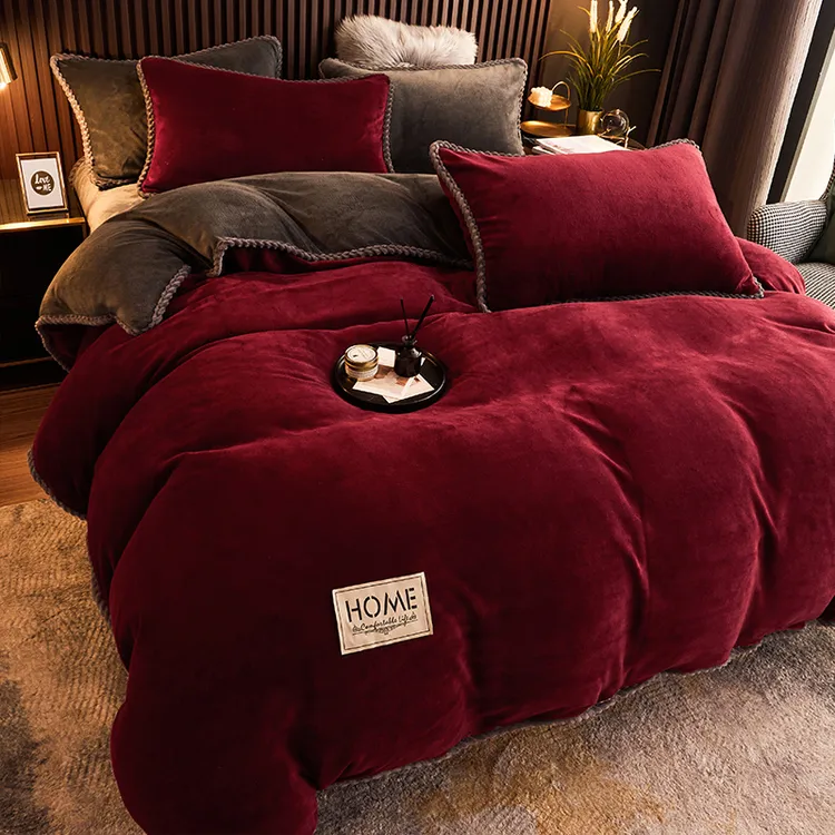 水星高档新家纺加厚牛奶绒四件套珊瑚绒法莱绒双面绒保暖加绒被套