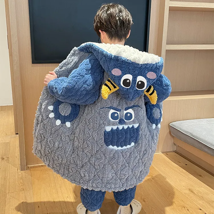 儿童睡衣男童男孩冬季三层夹棉加厚款加绒珊瑚绒大童法兰绒家居服