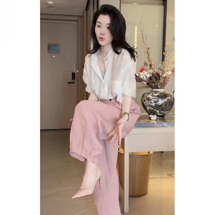 2025夏季御姐风薄透防晒长袖衬衫轻熟风休闲阔腿裤子凉感两件套装