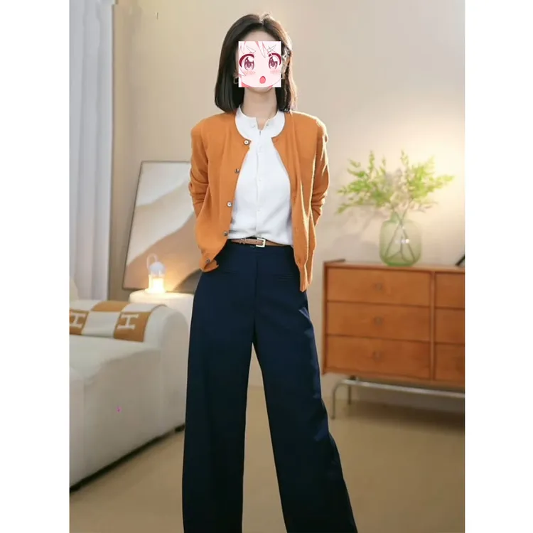 2025秋季休闲高端韩系减龄搭配一整套针织开衫西装直筒裤两件套装