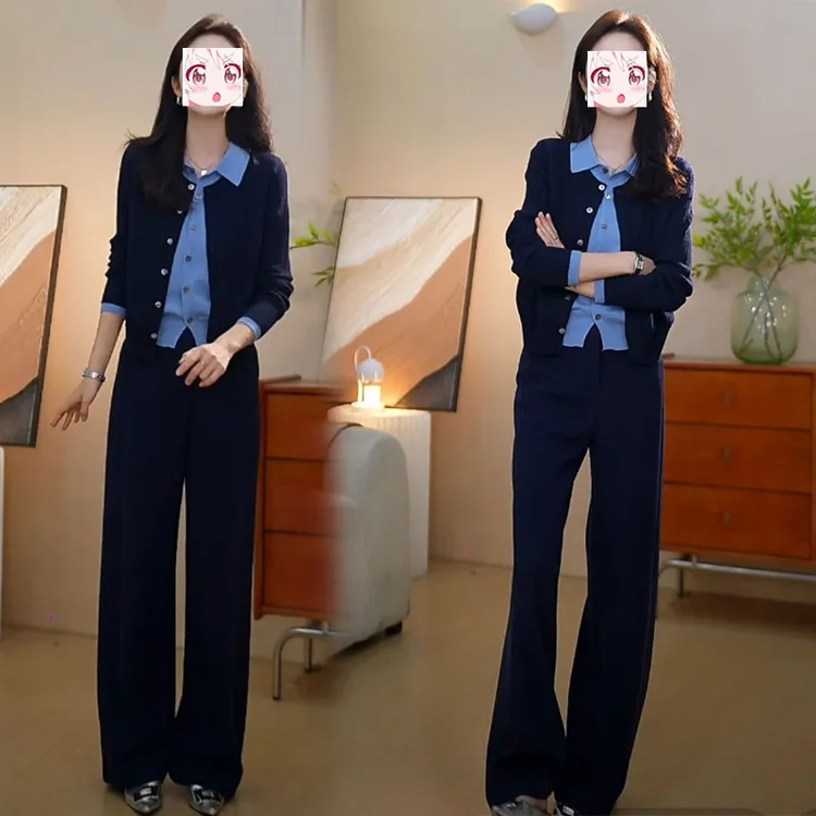 2025早秋气质叠穿假两件针织开衫高腰直筒休闲裤两件套装韩系减龄