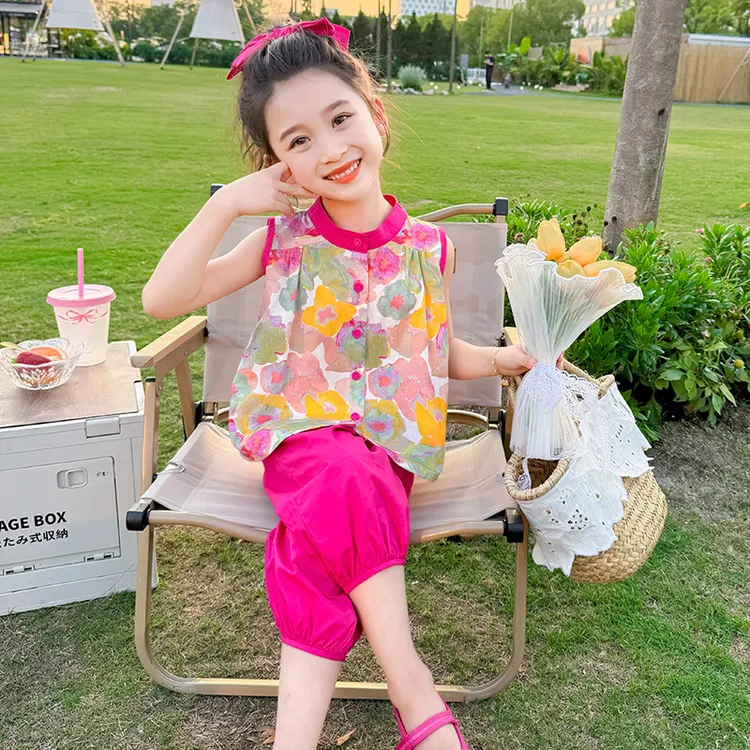 女童套装夏季2025新款儿童洋气碎花无袖娃娃衫小女孩灯笼裤两件套