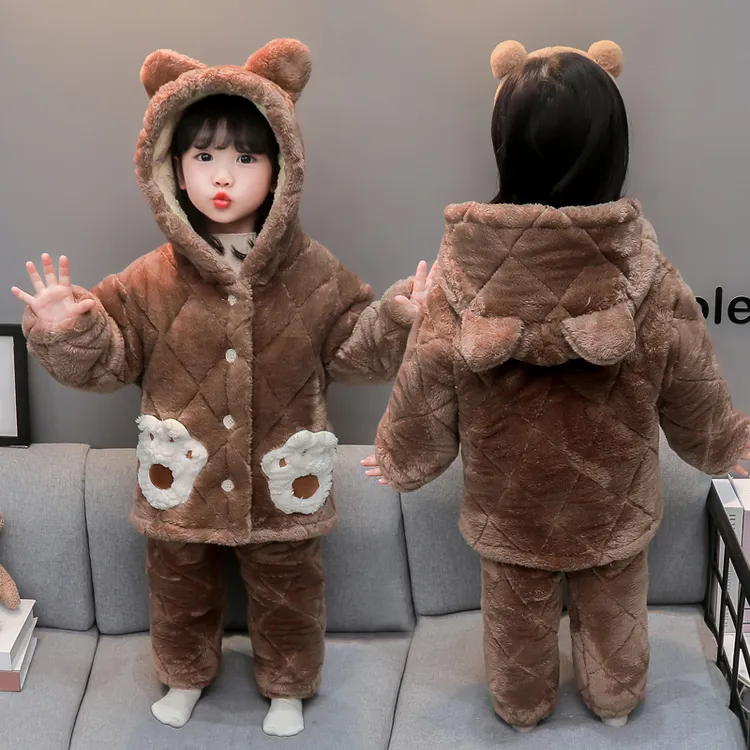 女童睡衣冬季加绒加厚珊瑚绒儿童三层夹棉家居服保暖套装秋冬新款