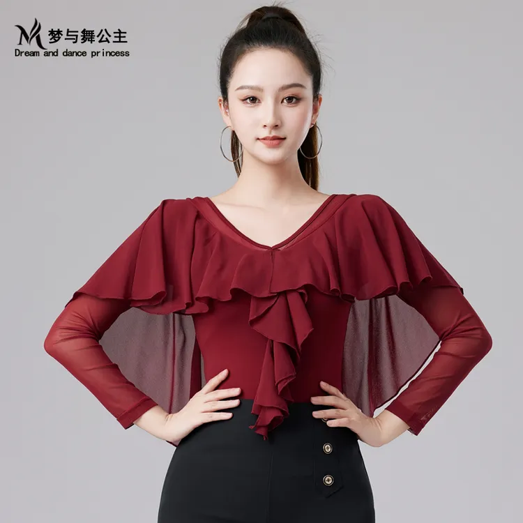 摩登舞新款舞蹈上衣女拉丁练功服交谊舞表演服时尚修身飘逸舞蹈服