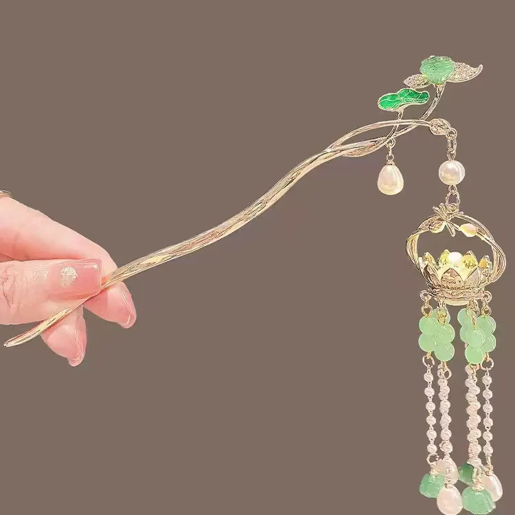 会发光的宫灯流苏灯笼发簪子金属凉亭发髻西湖宫灯盘发古风发饰