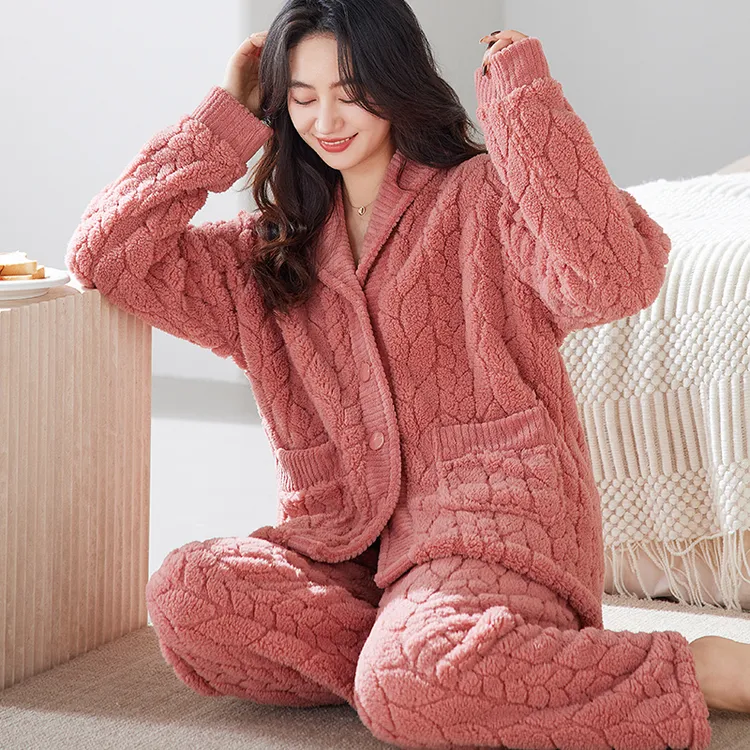 青果领豆沙麦穗女士珊瑚绒睡衣秋冬季加绒加厚保暖冬天冬款居家服