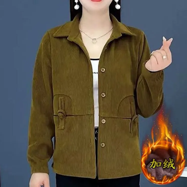 高档灯芯绒外套女冬季新款时尚妈妈装加绒遮肚显瘦洋气百搭厚上衣