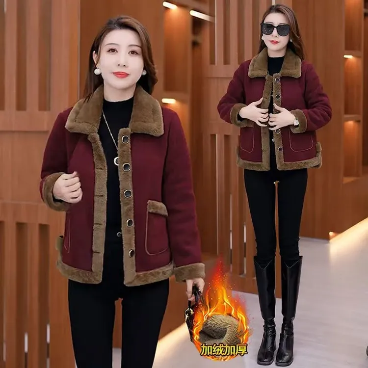 加绒加厚毛呢外套女2024冬季新款时尚洋气小个子休闲妈妈装短外套