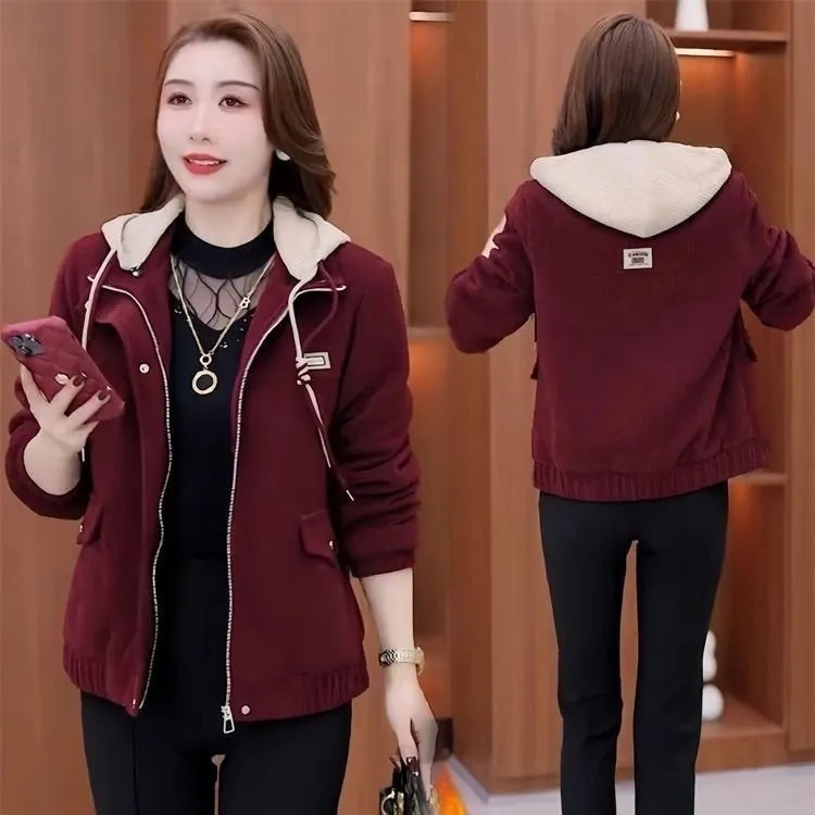 高档女装加绒加厚欧棉绒冬季短外套新款夹克宽松连帽女士保暖棉衣