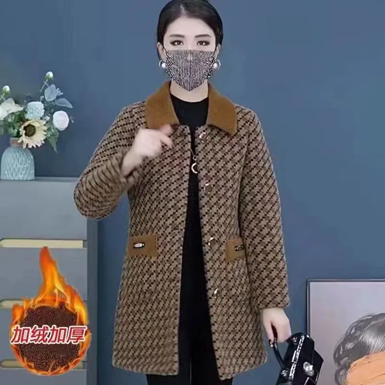 妈妈冬季加绒加厚外套中长款格子大衣中老年女装秋冬保暖呢外套女