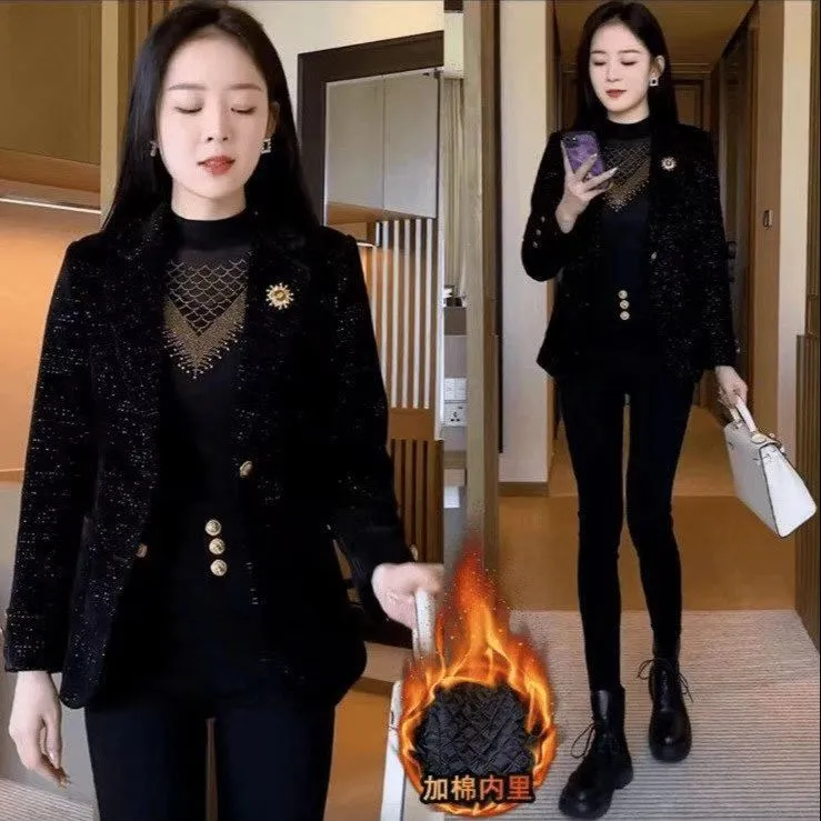 【禾】秋冬加厚气质红色西装小香风外套女百搭西服韩版小个子上衣服