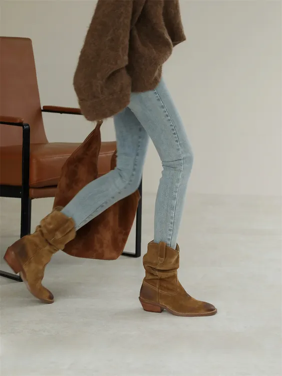 InkingPot彭姐 tabi分趾西部牛仔靴2025新品牛皮褶皱粗跟堆堆短靴