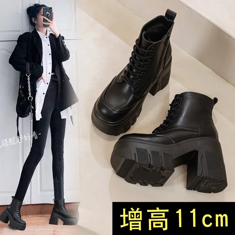 真皮马丁靴女款2025新款英伦风秋冬厚底增高11公分cm小个子短靴子