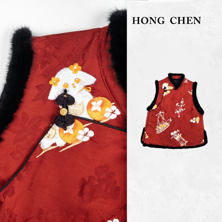 【虹辰·柿柿如意水貂毛】高端时尚立体绣花3M棉气质高级马夹-HC2050