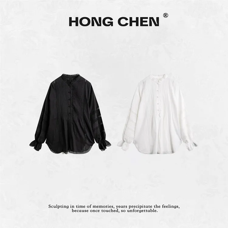 【虹辰】高端时尚重工优雅蕾丝百搭喇叭袖高级打条纯棉衬衣--HC2039