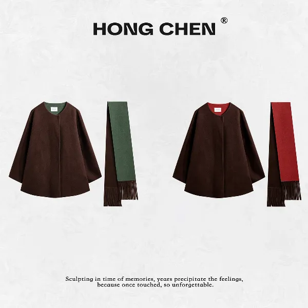 【虹辰·进口羊毛】时尚流苏围巾款软糯绵羊毛优雅高级感外套-HC1920