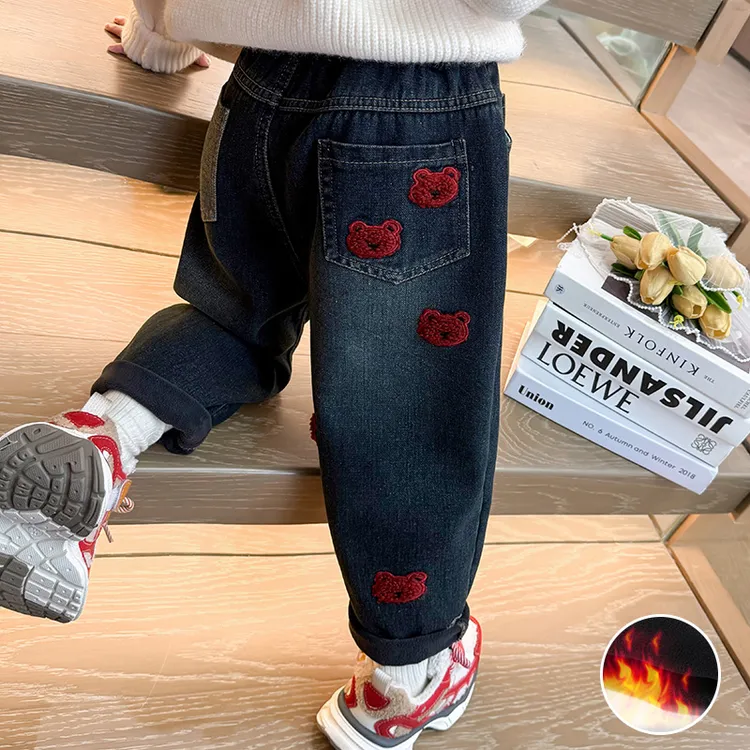 女童加绒牛仔裤秋冬装儿童一体绒加厚休闲老爹裤女宝宝冬季裤子潮