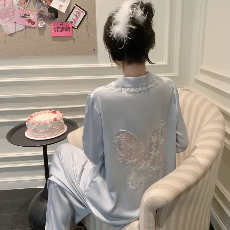 睡衣女春秋季2024年新款冰雪丝蝴蝶后背蕾丝套装可外穿长袖家居服