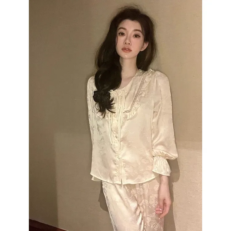半熟芝士睡衣女春秋季2023新款国风新中式冰丝长袖宽松家居服套装