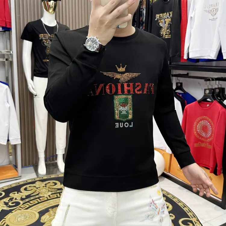 秋冬新款时尚休闲百搭男士卫衣潮流皇冠老鹰重工烫钻圆领修身长袖